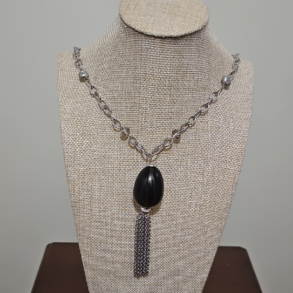 Ann Taylor Black and Silver Necklace with Tassel
